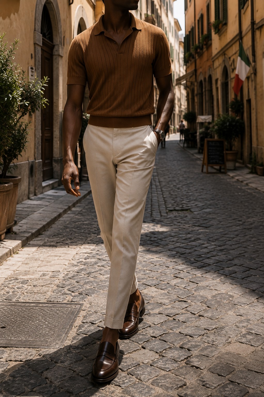 A man walking a cobbled Italian street wearing ZOVANEX penny loafers in dark brown