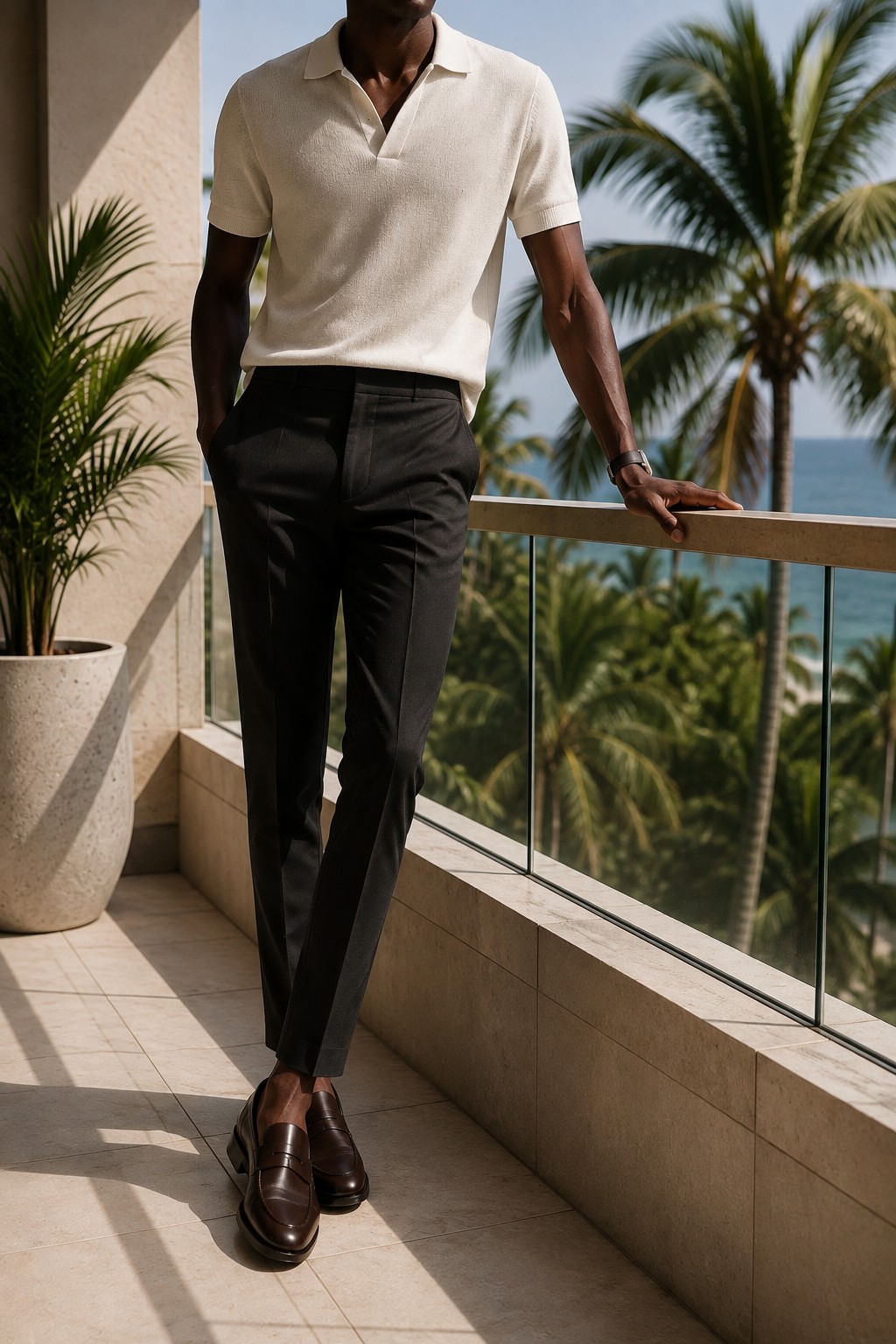 A man on a balcony overlooking the sea wearing ZOVANEX penny loafers